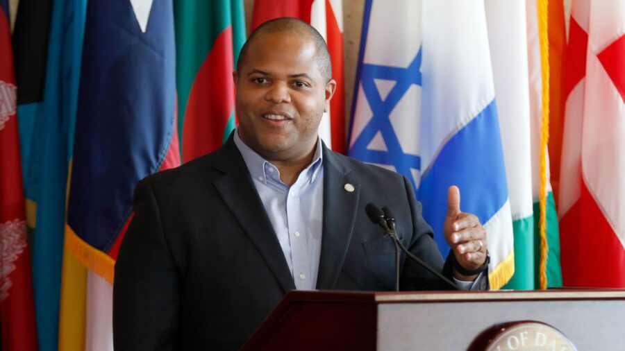Dallas Mayor Eric Johnson responds to a question during a news conference at City Hall in Dallas in...