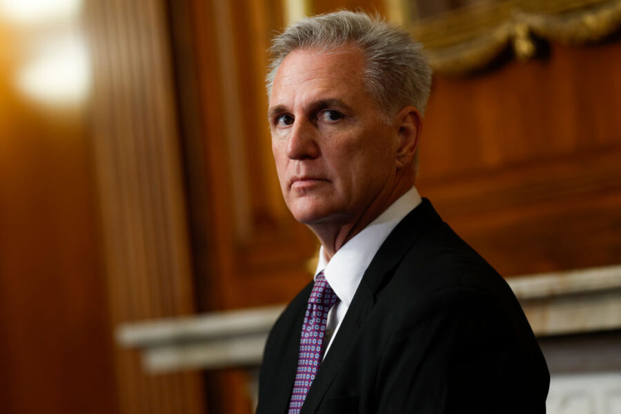 Speaker of the House Kevin McCarthy (R-CA) listens during a press conference on funding for the sou...