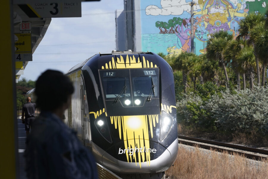 A Brightline train approaches the Fort Lauderdale station on Friday, Sept. 8, 2023, in Fort Lauderd...