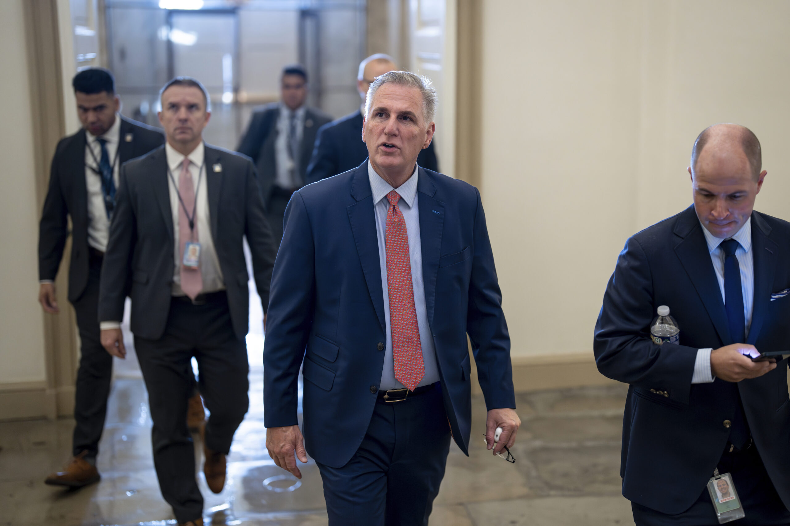 Speaker of the House Kevin McCarthy, R-Calif., arrives at the Capitol in Washington, early Tuesday,...