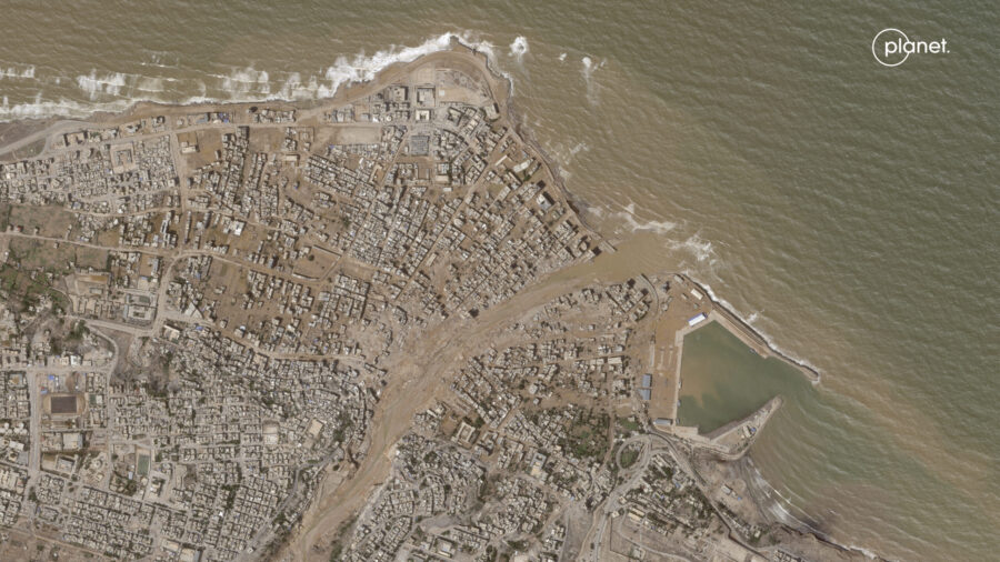This satellite photo from Planet Labs PBC shows flooding in Derna, Libya, on Tuesday, Sept. 12, 202...