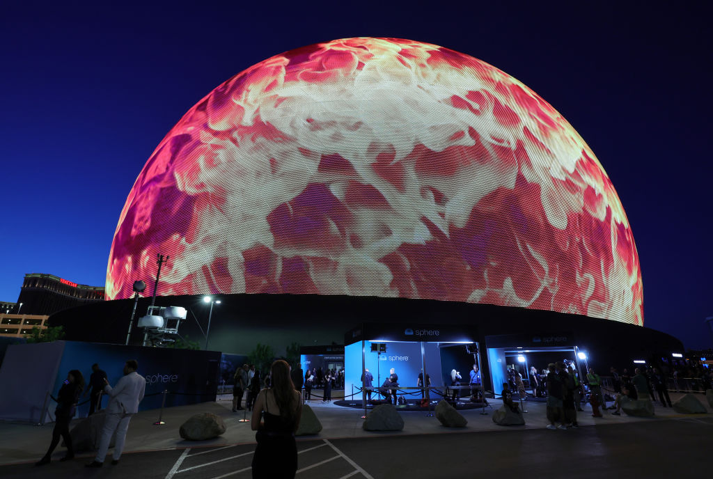 LAS VEGAS, NEVADA - SEPTEMBER 29: Sphere lights up during the venue's grand opening on September 29...