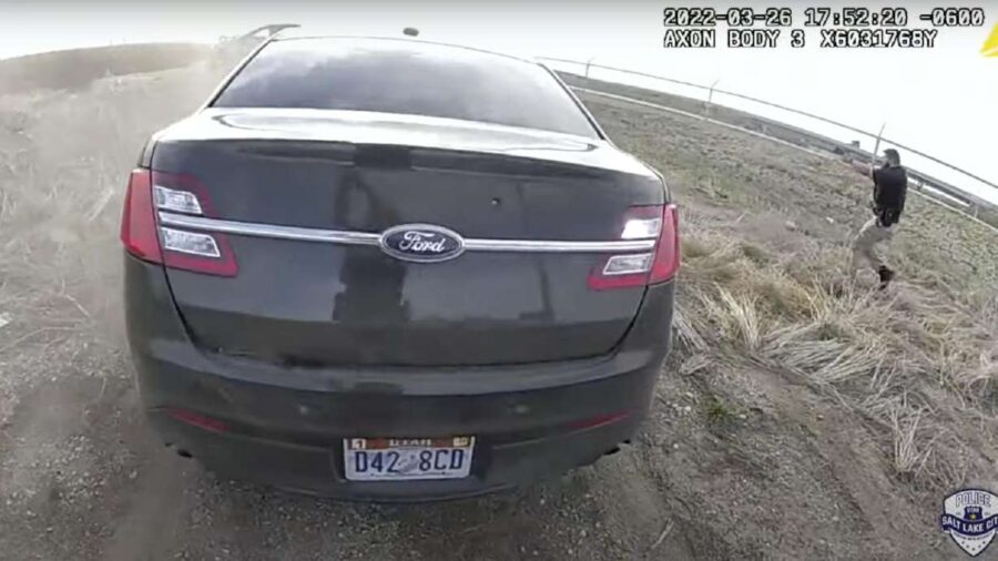 A screenshot from a body camera video during a March 26, 2022, shooting death in Salt Lake City. Tw...
