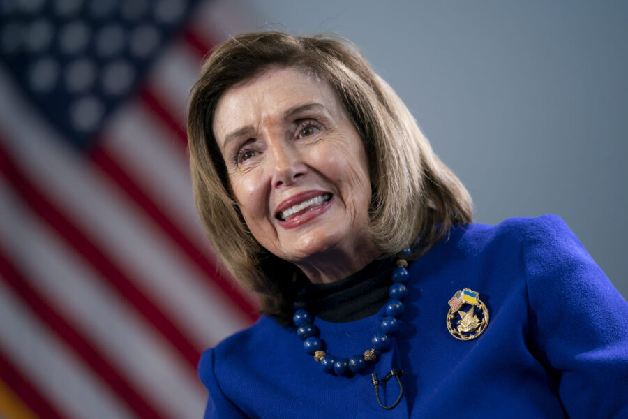 Former House Speaker Nancy Pelosi, D-Calif., talks to The Associated Press about her visit to Ukrai...
