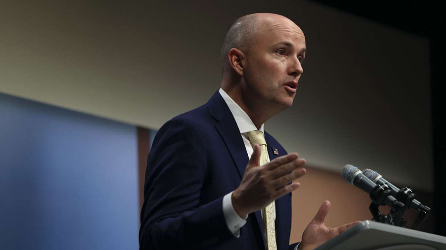 Gov. Spencer Cox speaks at the PBS Utah Governor’s Monthly News Conference at the Eccles Broadcas...