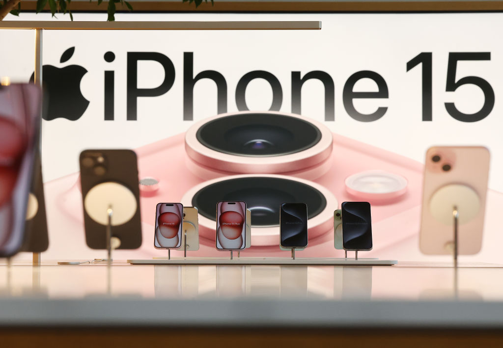 New Apple iPhone 15 models are displayed in the Apple The Grove store on the phone’s worldwide re...