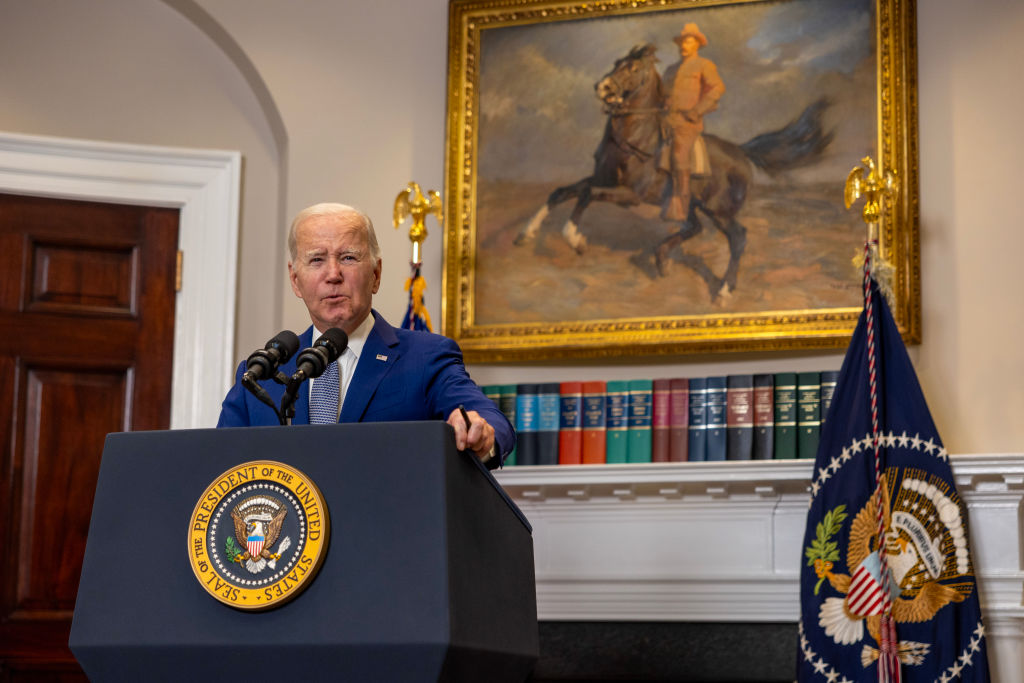 President Joe Biden delivers remarks on the bipartisan bill to fund the government, in the Roosevel...