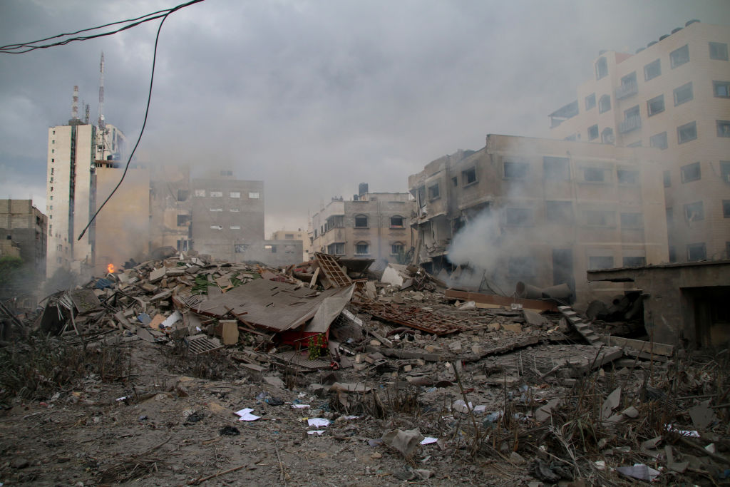 Buildings damaged and destroyed by Israeli airstrikes on October 10, 2023 in Gaza City, Gaza. Almos...