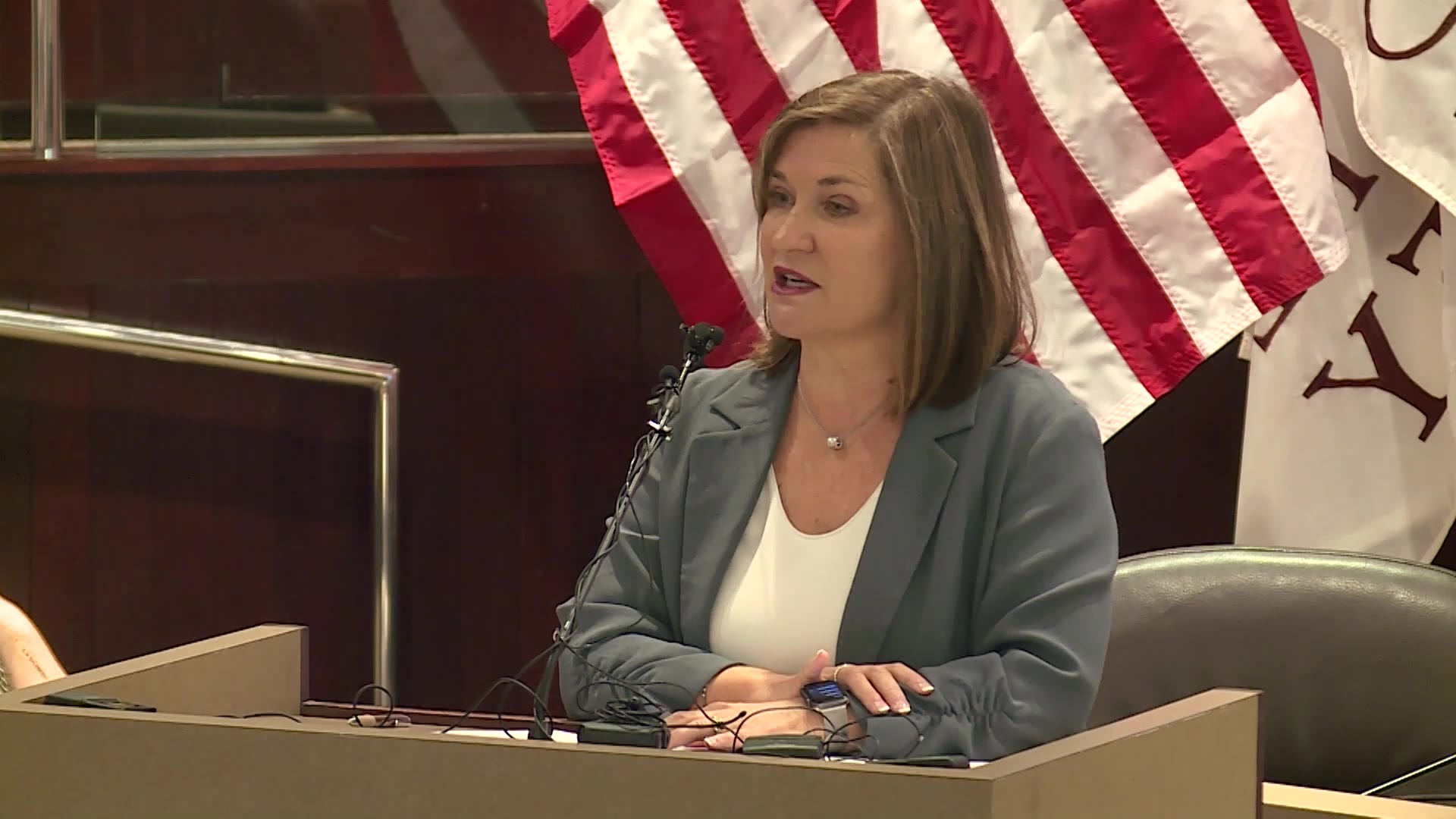 Salt Lake County Mayor Jenny Wilson at Tuesday's budget meeting explaining the new plan....