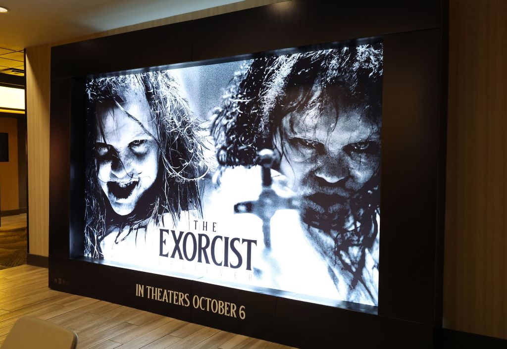 Signage is displayed during a special influencer screening of "The Exorcist: Believer" hosted by Ty...
