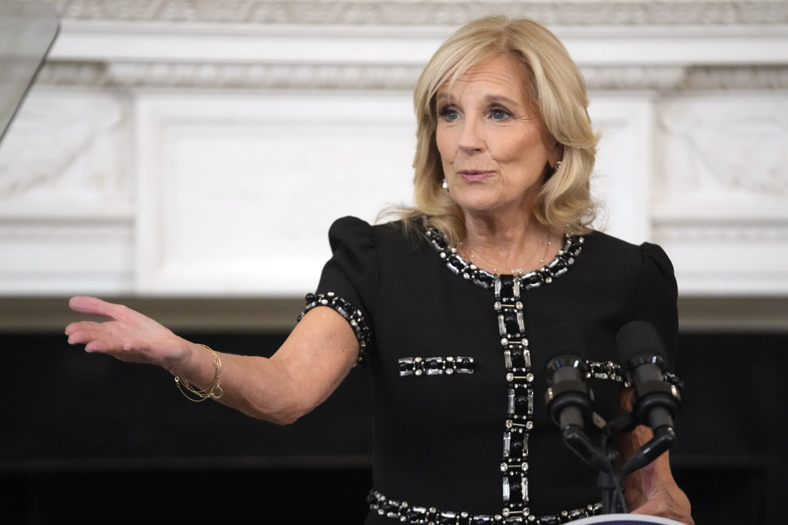 First lady Jill Biden speaks during a media preview Tuesday, Oct. 24, 2023, in the State Dining Roo...