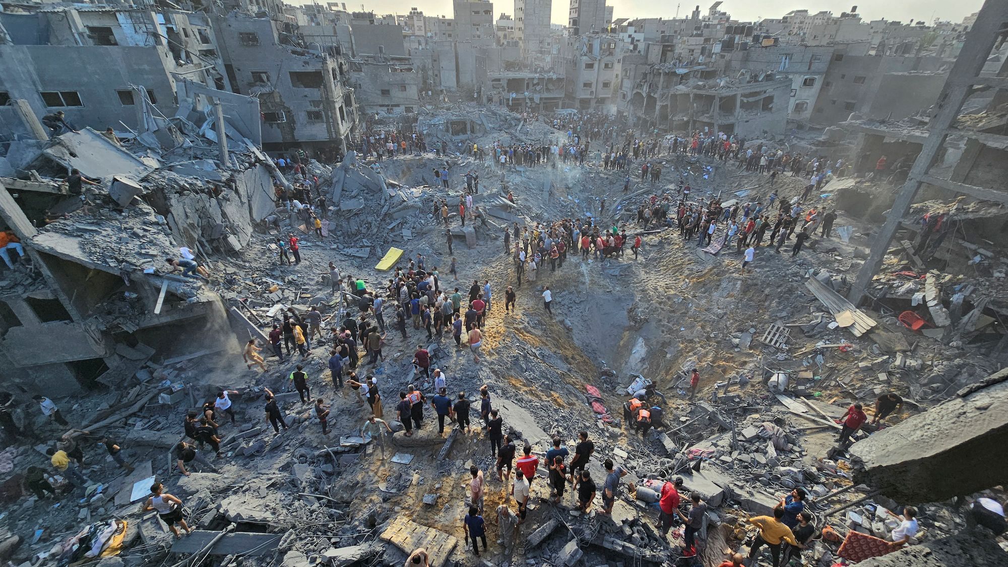 The aftermath of the Israeli strike at the Jabalya refugee camp in Gaza on Tuesday.
(Anas al-Sharee...