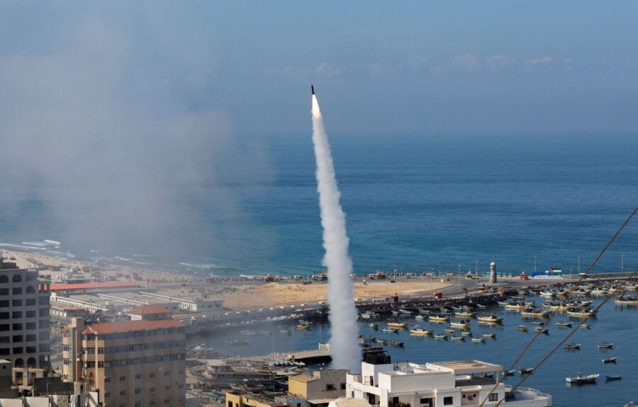 Rockets are fired from Gaza into Israel, in Gaza City, on Rockets are fired from Gaza into Israel, ...