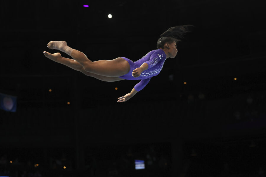United States' Simone Biles competes on the floor during the apparatus finals at the Artistic Gymna...