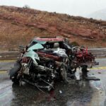 The crashed car that was hit head on by a FedEx box truck. (Utah Highway Patrol)