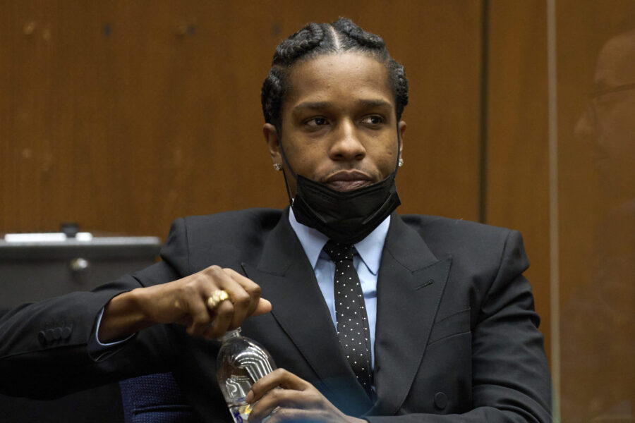 Rakim Mayers, aka A$AP Rocky, drinks water during a preliminary hearing at the Clara Shortridge Fol...