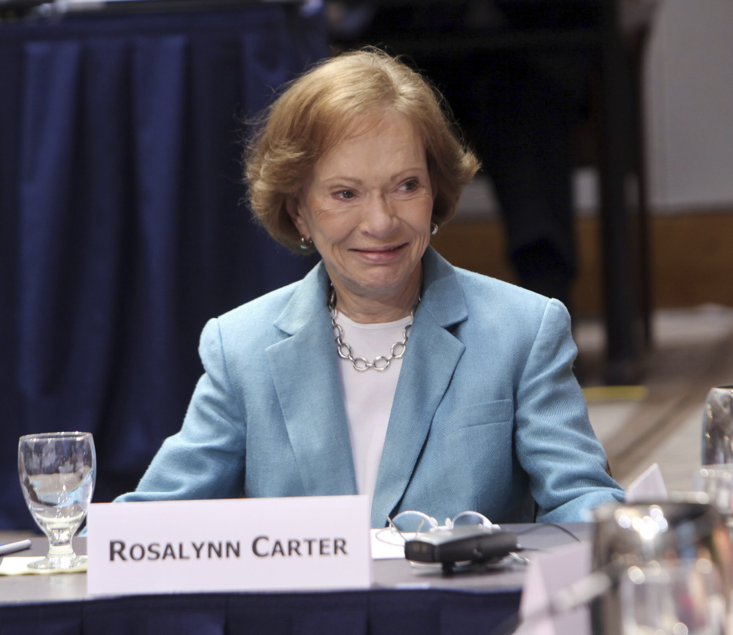 FILE - Former First Lady Rosalynn Carter listens to a speaker at The Carter Center in Atlanta on Ap...