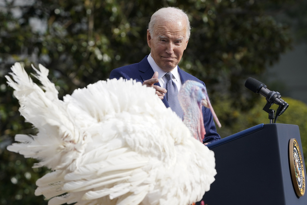 President Joe Biden speaks after pardoning the national Thanksgiving turkey, Liberty, during a pard...