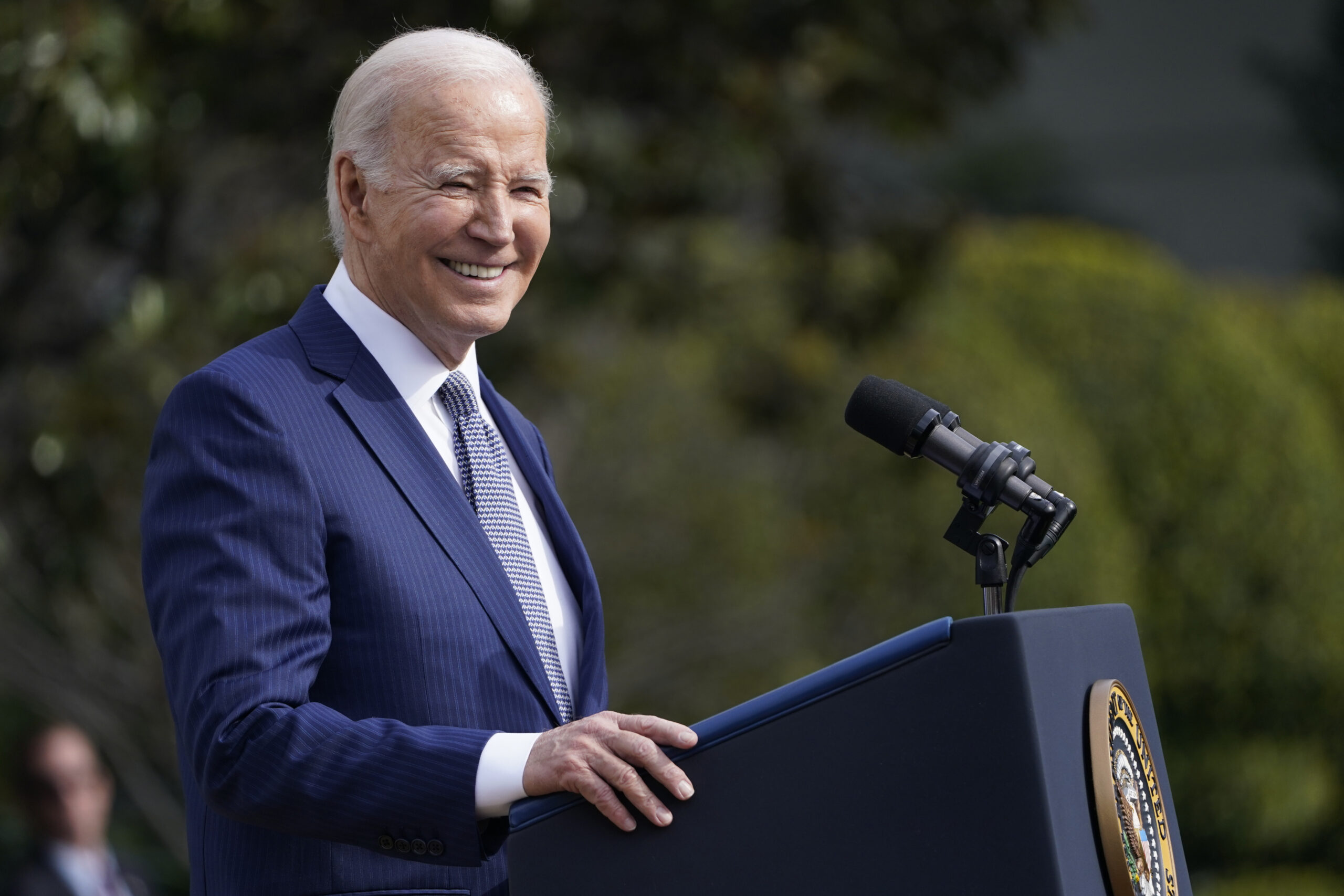 FILE - President Joe Biden speaks after pardoning the national Thanksgiving turkey, during a ceremo...