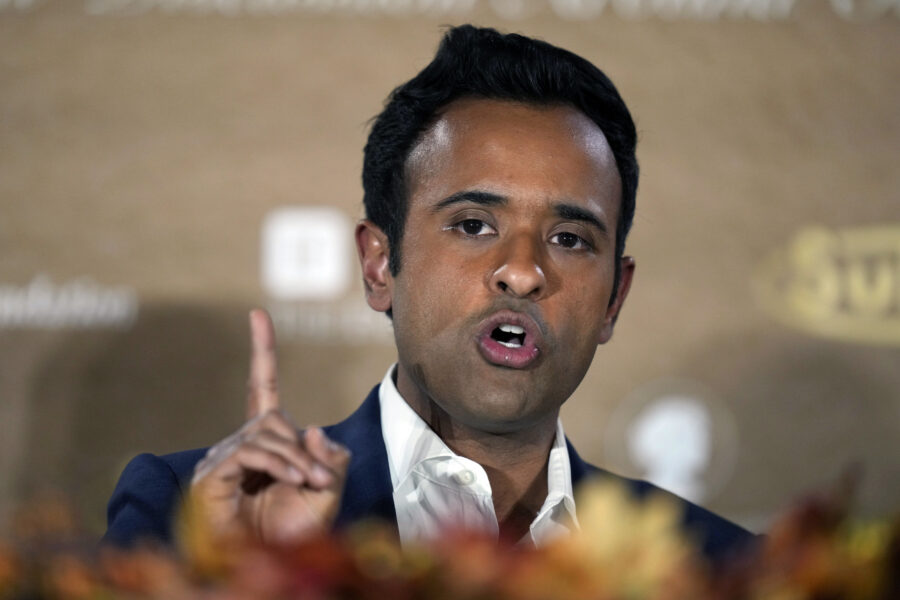 FILE - Republican presidential candidate businessman Vivek Ramaswamy speaks during the Family Leade...