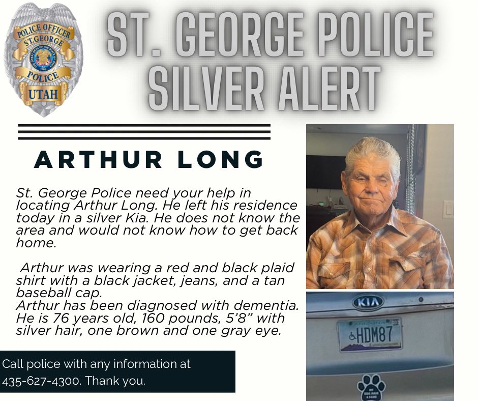 A silver alert has been issued for Arthur Long, last seen driving a silver Kia in St. George, Utah,...