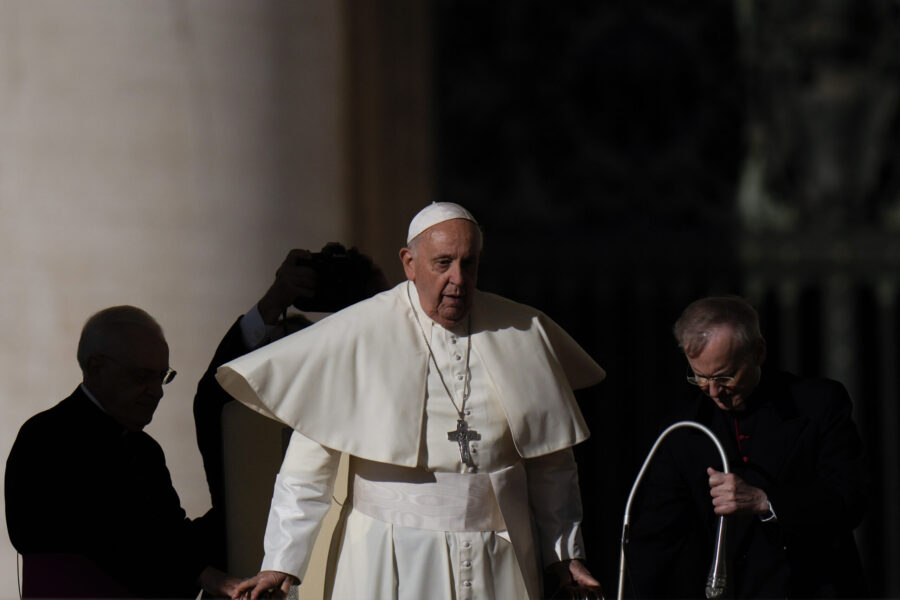 Pope Francis arrives for his weekly general audience in St. Peter's Square, at the Vatican, Wednesd...