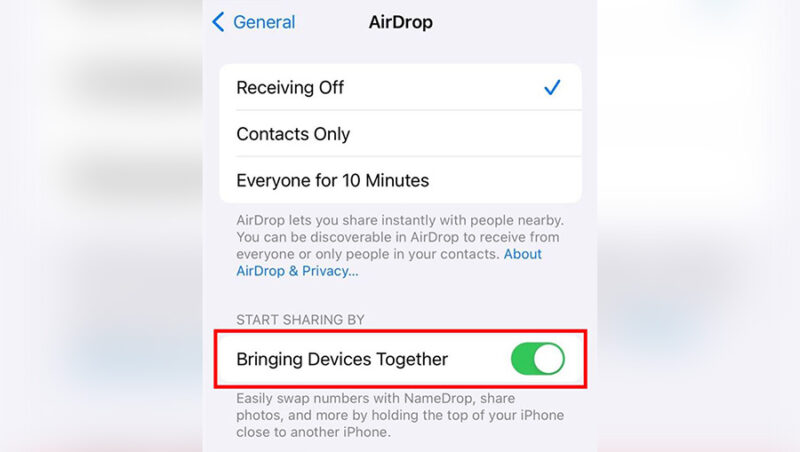 Configuración de AirDrop en un iPhone de Apple, que muestra NameDrop habilitado.  (KSLTV)