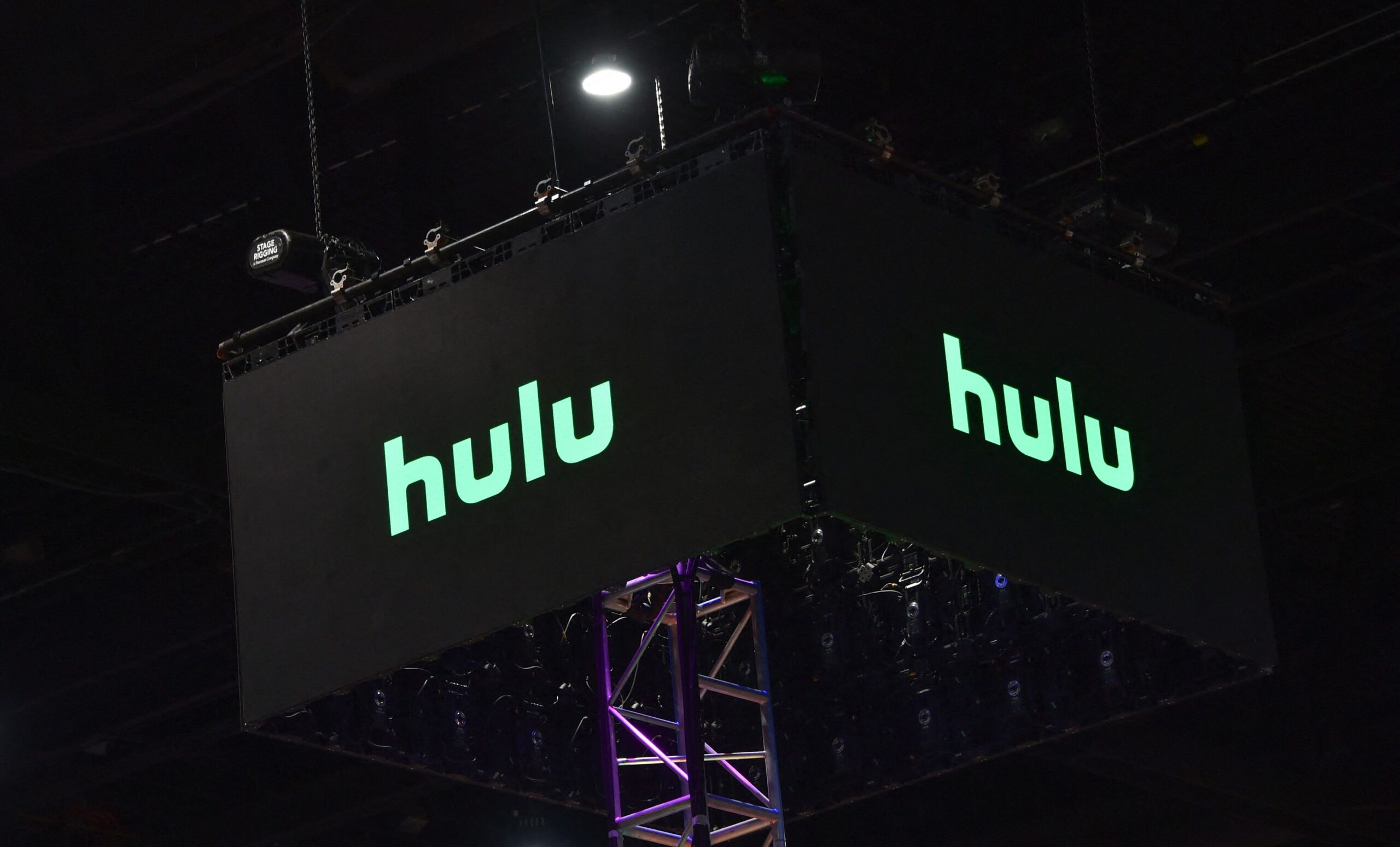 The HULU logo is seen inside the convention center during San Diego Comic-Con International in San ...