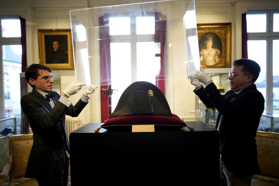 The broad black hat that Napoleon wore when he ruled 19th-century France and waged war in Europe fe...