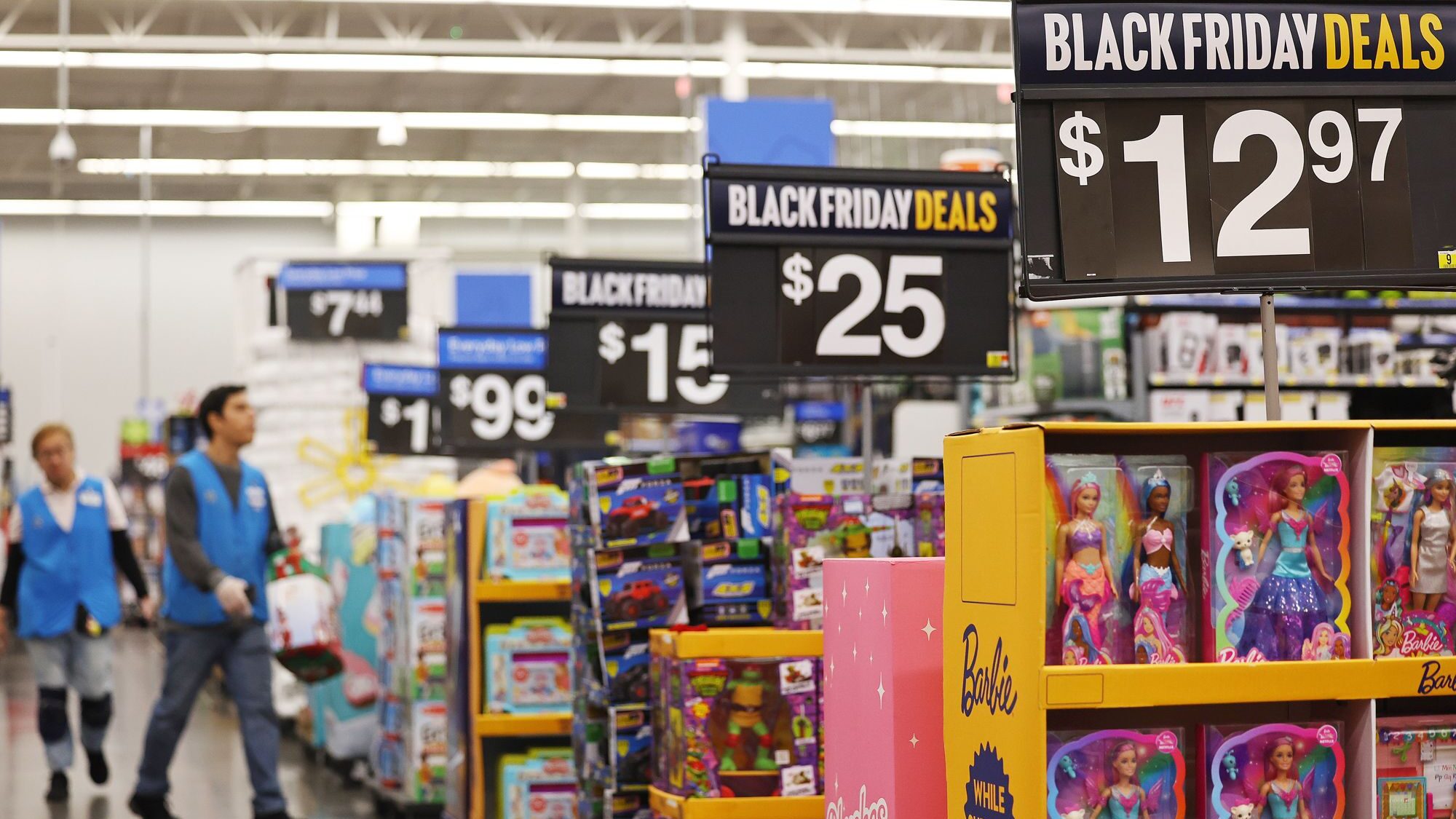 Barbie dolls are displayed for sale ahead of Black Friday at a Walmart Supercenter on Nov. 14, in B...
