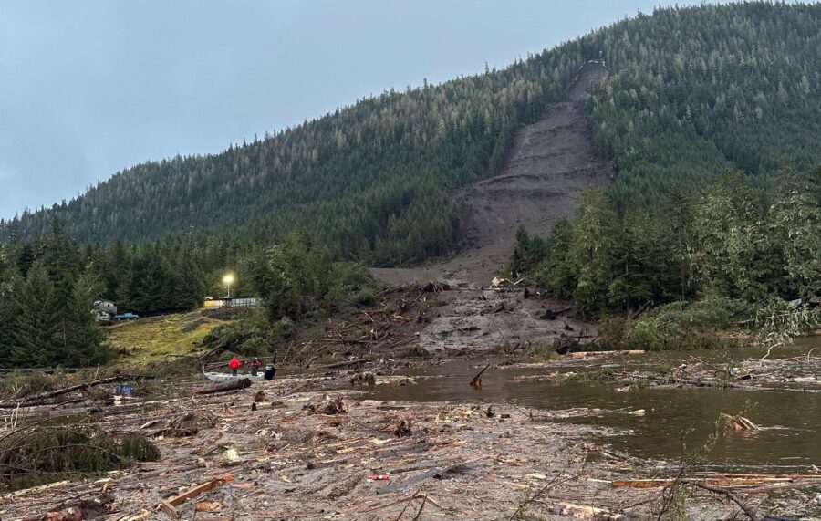 Debris from the landslide in Wrangell, Alaska, is shown extending into the sea on November 22.
Mand...