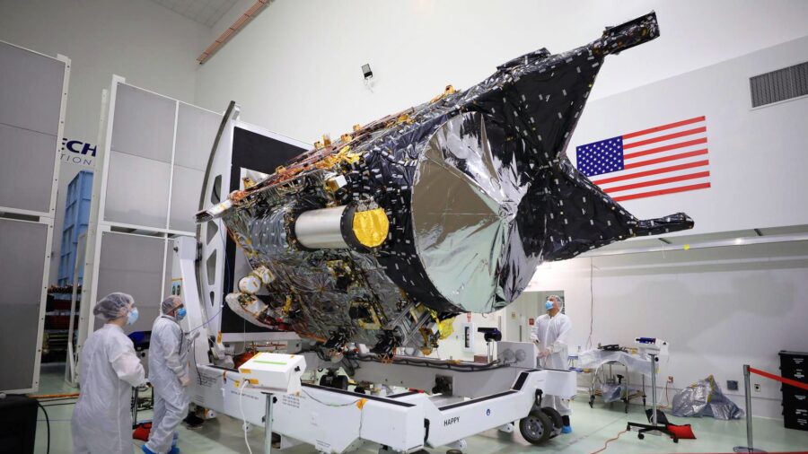 NASA's Psyche spacecraft is shown in a clean room at the Astrotech Space Operations facility near t...