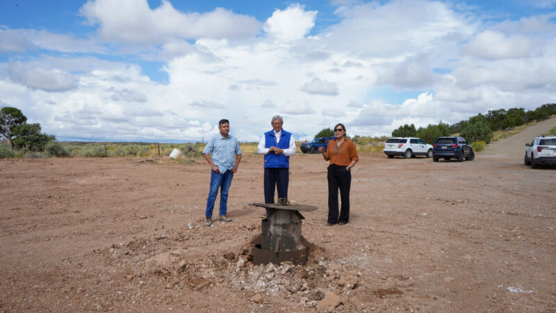 Ryan Barton, Navajo Nation hydrologist, Clayton Long USU Mentor and Corey Higdon, Project Manager observe new well installed by Blanding City. (Erin Cox, KSL TV)