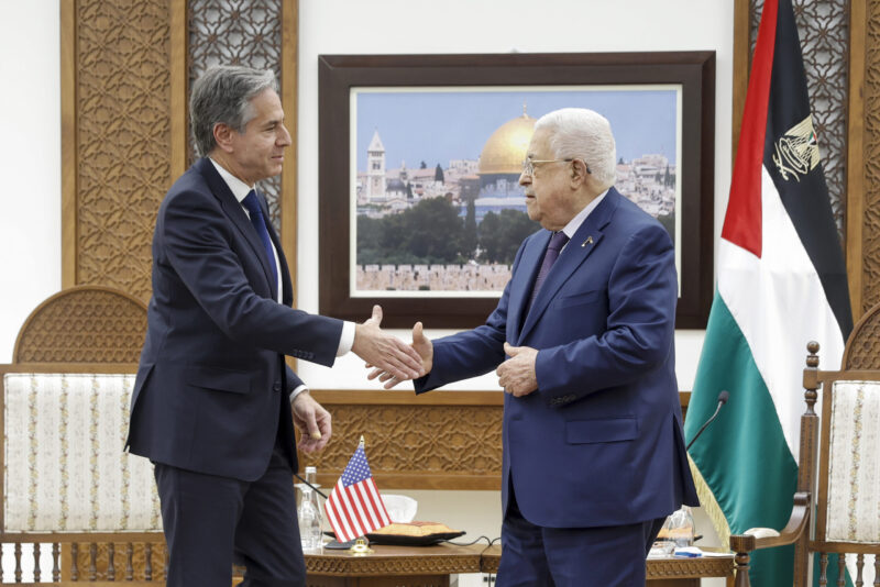 U.S. Secretary of State Antony Blinken meets with Palestinian President Mahmoud Abbas amid the ongoing conflict between Israel and the Palestinian Islamist group Hamas, at the Muqata in Ramallah in the Israeli-occupied West Bank, Sunday, Nov. 5, 2023. (Jonathan Ernst, Pool Photo via Associated Press)