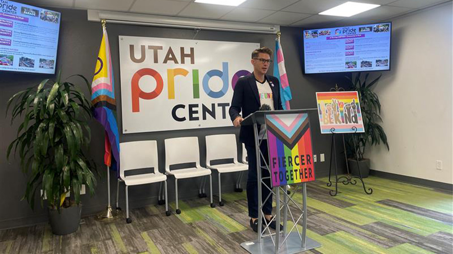 Utah Pride Center's new Executive Director, Ryan Newcomb, giving a press conference Wednesday Nov. ...