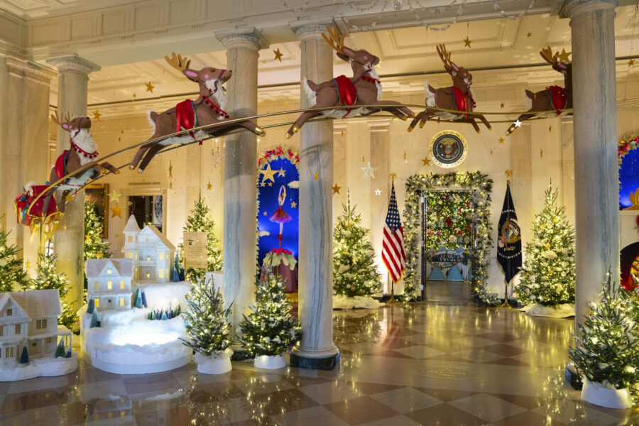 Holiday decorations adorn the Grand Foyer of the White House for the 2023 theme "Magic, Wonder, and...