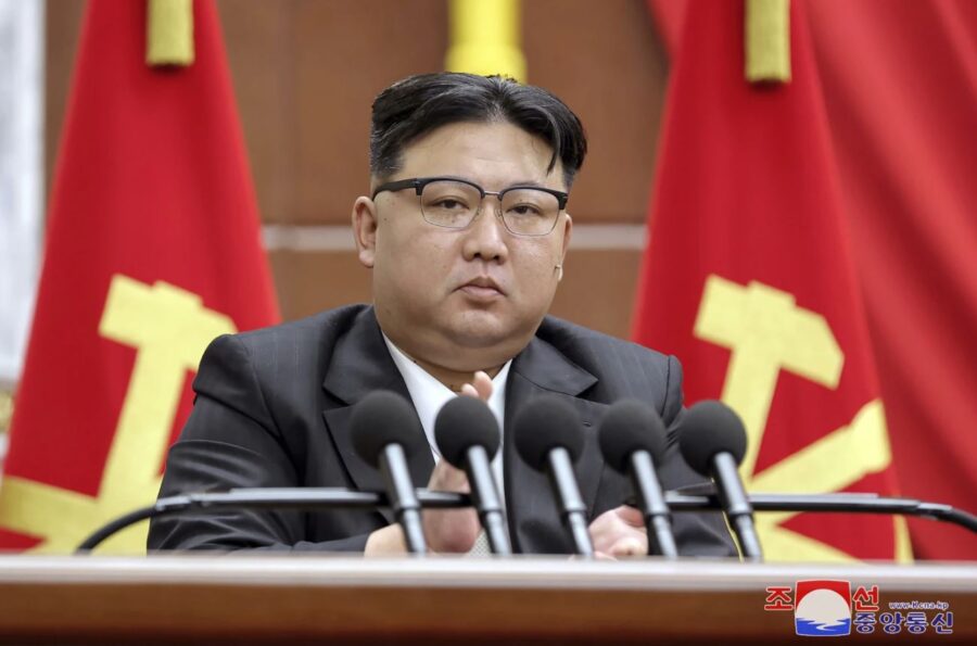 In this photo provided by the North Korean government, North Korean leader Kim Jong Un delivers a s...