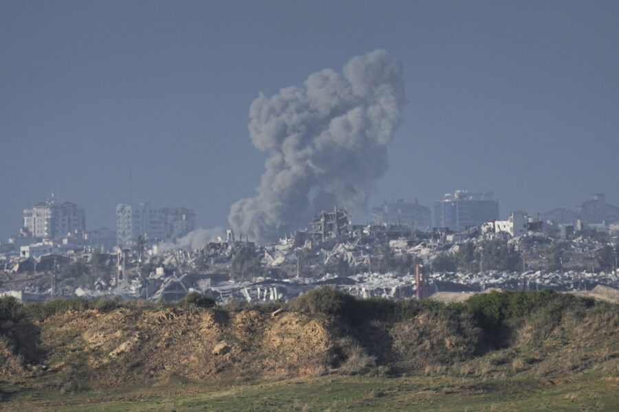 Smoke rises following an Israeli bombardment in the Gaza Strip, as seen from southern Israel, Sunda...