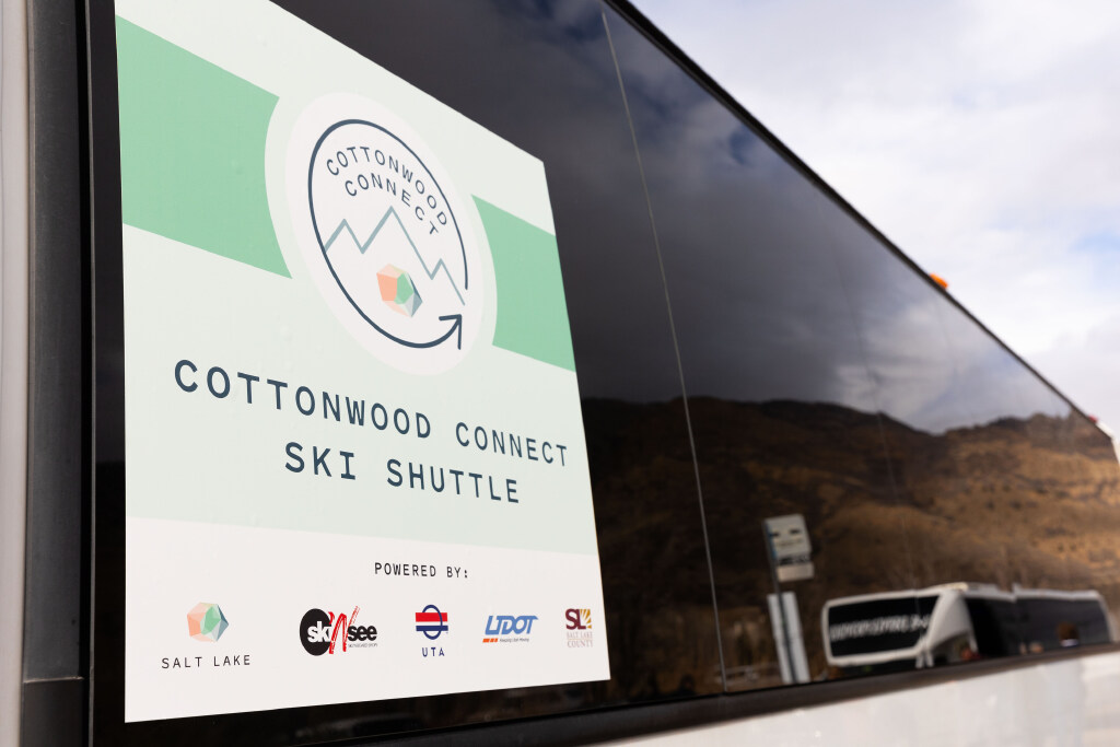 One of the Cottonwood Connect ski shuttles at the Utah Transit Authority Holladay Park and Ride lot...
