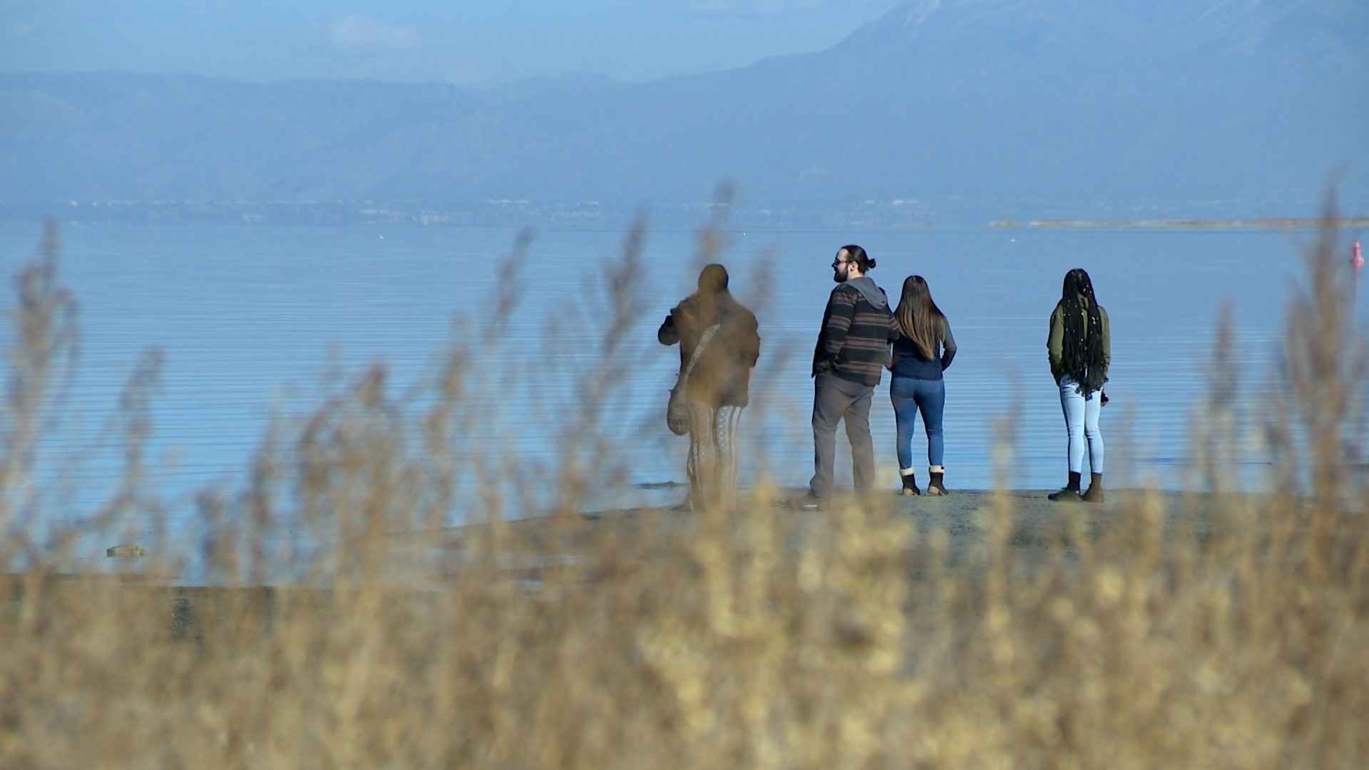 A group of people on the shores of the Great Salt Lake....