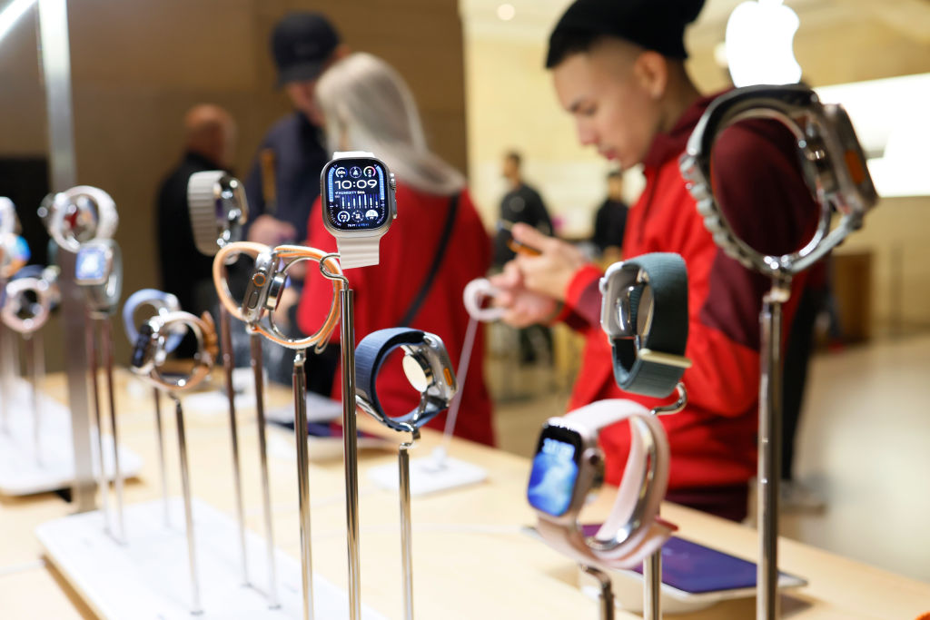 Apple watches are seen on display at the Apple Store in Grand Central Station on December 18, 2023 ...