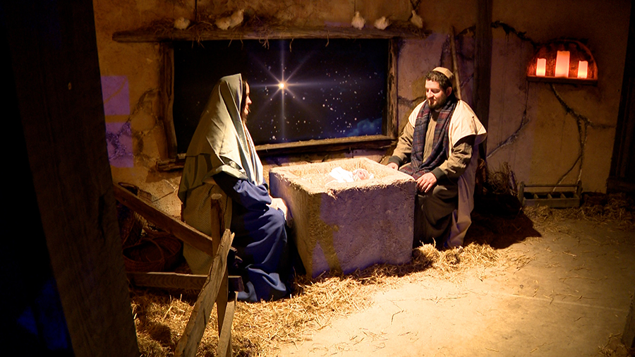 Recreation of Mary and Joseph in a manger...