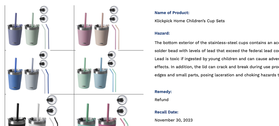 Recall of kids cups sold on Amazon. (CPSC.gov)...