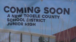 A sign promoting one of the new schools being built in the Tooele School District. 