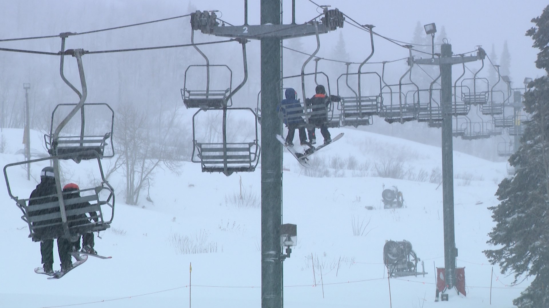 Skiers on the lift at Snowbird on Sunday before it closed for the day. (KSL TV)...