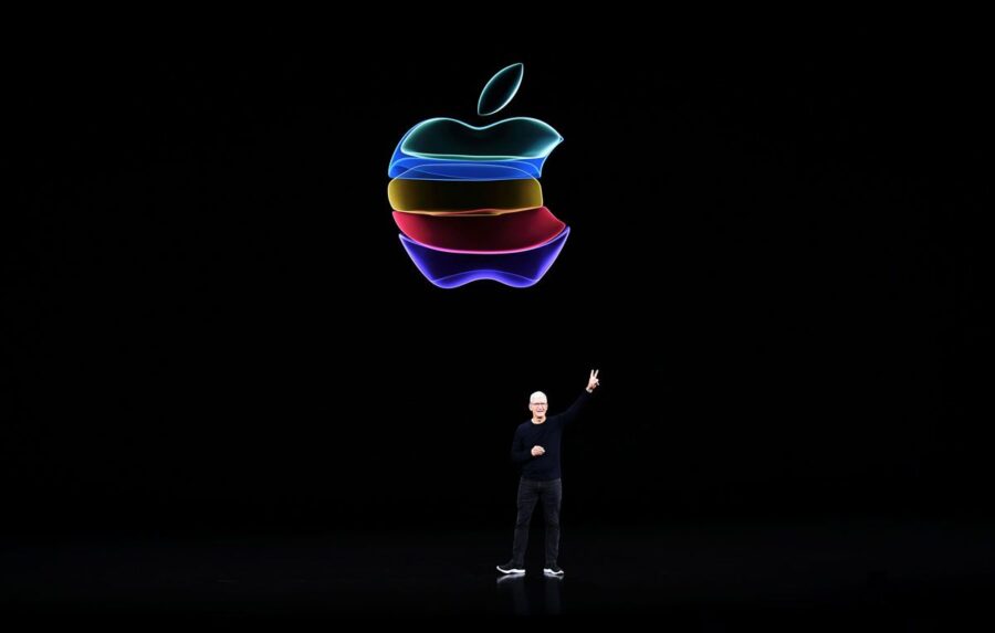 Apple CEO Tim Cook speaks onstage during a product launch event at Apple's headquarters in Cupertin...