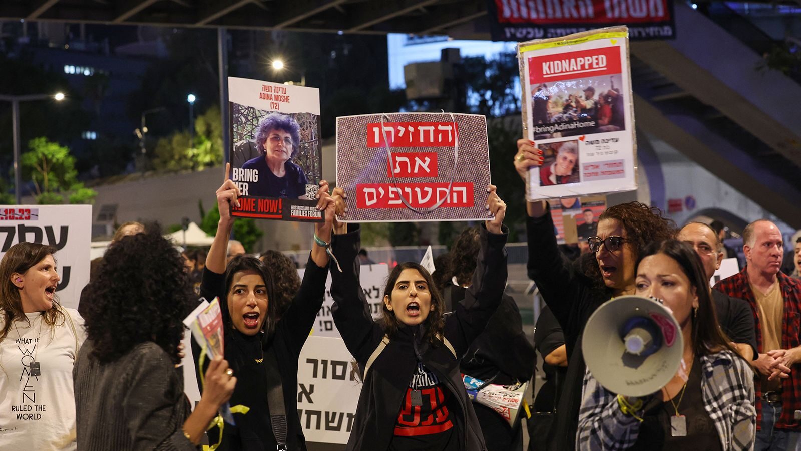 Families and friends of hostages held in Gaza call for Israeli Prime Minister Benjamin Netanyahu to...