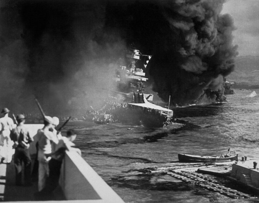 The USS California is seen on fire at Pearl Harbor after the Japanese attack.
Mandatory Credit:	Fox...