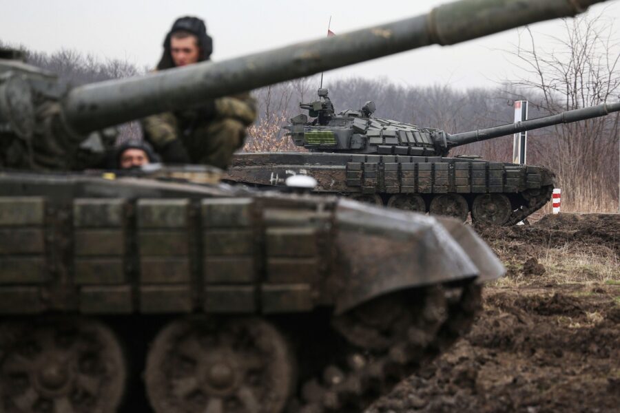 File photo showing Russian tanks taking part in a military drills at Molkino training ground in the...