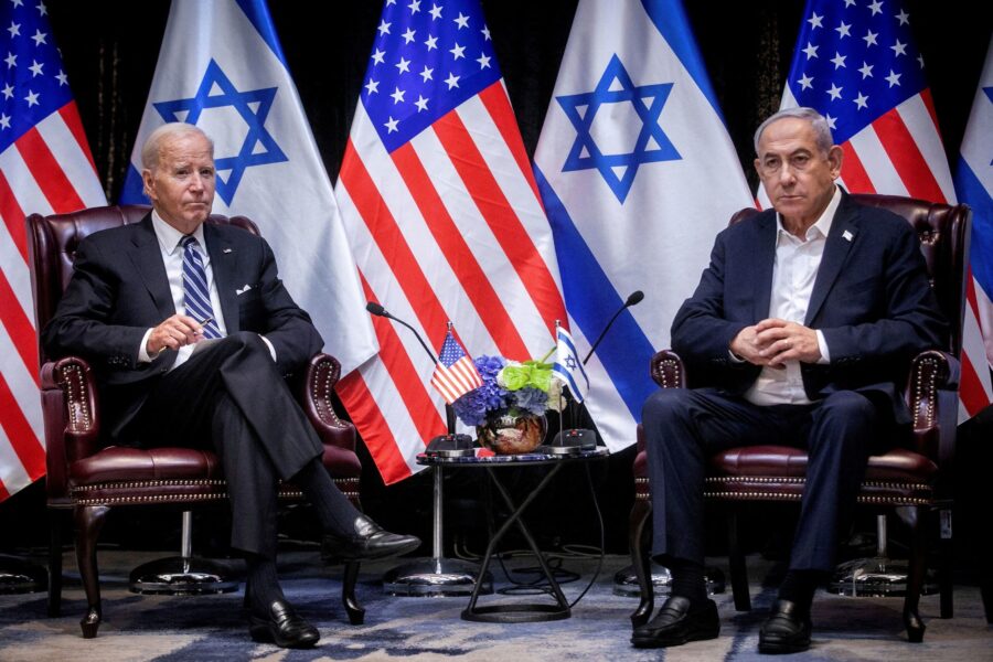 U.S. President Joe Biden, left, pauses during a meeting with Israeli Prime Minister Benjamin Netany...